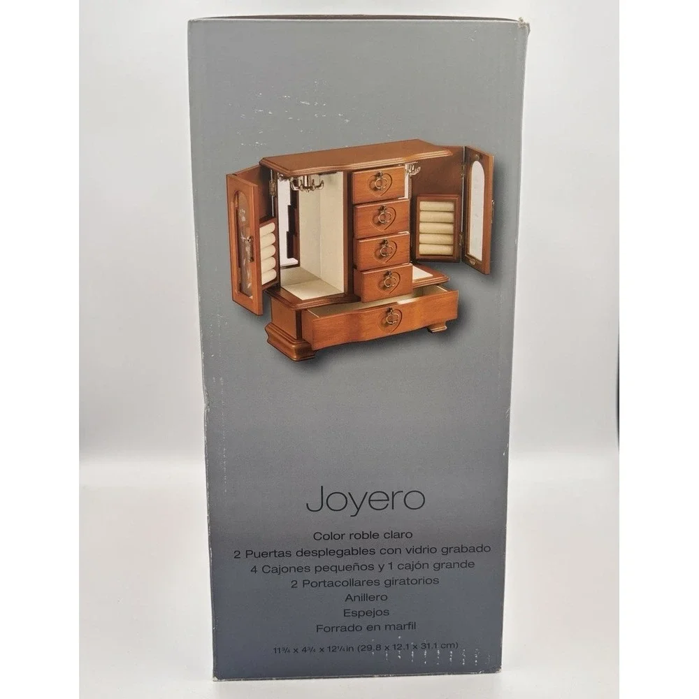 Joyero jewelry armoire features five drawers, two side doors NEW